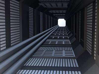 Cartoon Scene Sci Fi Tunnel With Metallic Structure Long Corridor Grid Floor And End Light 3d model