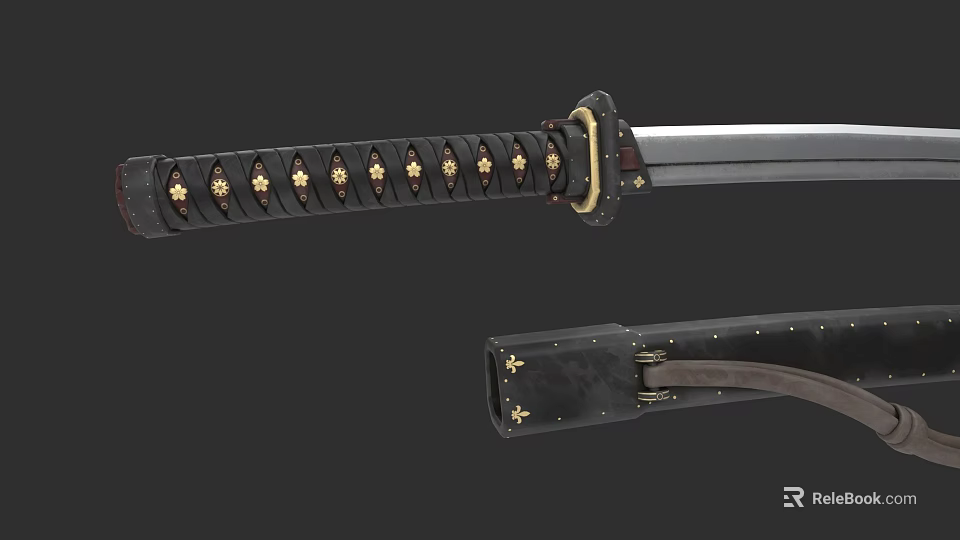 Traditional Japanese Katana with Gold Decorated Hilt Black Scabbard and Leather Strap 3d model 
