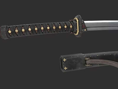 Traditional Japanese Katana with Gold Decorated Hilt Black Scabbard and Leather Strap 3d model