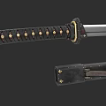 Traditional Japanese Katana with Gold Decorated Hilt Black Scabbard and Leather Strap