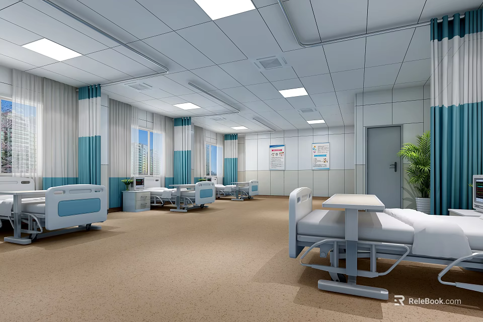 Modern Hospital Ward Interior With Multiple Beds Blue Curtains And Medical Equipment 3d model 