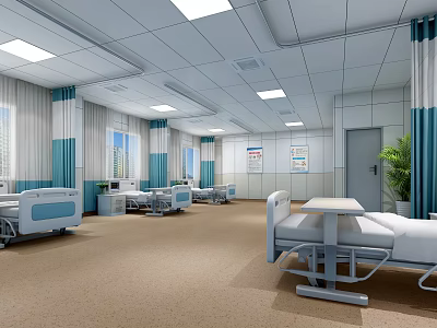 Modern Hospital Ward Interior With Multiple Beds Blue Curtains And Medical Equipment 3d model