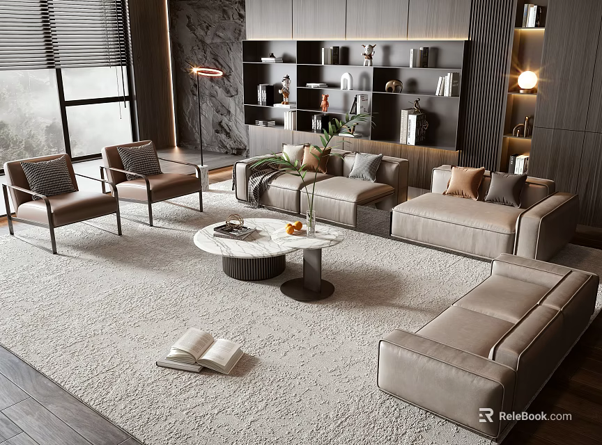 Modern Living Room Interior with Sofa and Coffee Table Set Large Windows Bookshelves and Soft Rug 3d model 