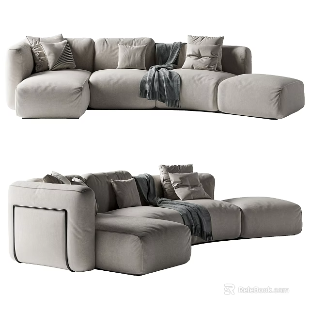 Modern Light Gray Sectional Sofa With Plush Cushions And Throw Blanket 3d model