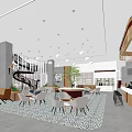 Shopping Mall Lobby Interior With Spiral Staircase Green Plants Outdoor Seating And Umbrellas