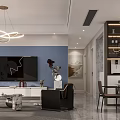 Modern Open Living Dining Room With Curved Chandelier Gray Sofa And Abstract Wall Art