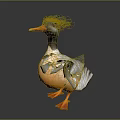 Colorful Duck With Black Crest Orange Beak Feet And Gray White Wings On Dark Background