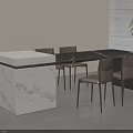 Modern Dining Table Set with Black Marble Tabletop Brown Leather Chairs Metal Legs and Blinds