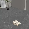 Gray Marble Pattern Floor Tiles Featuring Stack of Open Books and Window Curtains 3d model