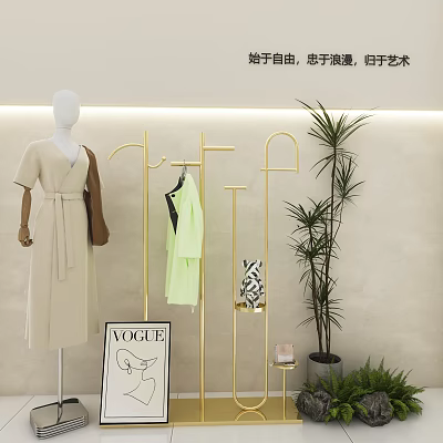 Golden Coat Rack Displaying Clothes In Stylish Room With Plants 3d model