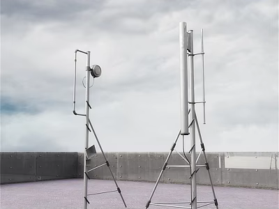 Metal Structure Industrial Equipment With Brackets And Antenna Installed On Rooftop Under Cloudy Sky 3d model