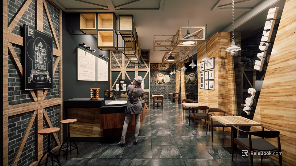 Vintage Café Interior Design With Wooden Walls Brick Accents Hanging Lights And Tables 3d model 