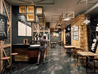 Vintage Café Interior Design With Wooden Walls Brick Accents Hanging Lights And Tables 3d model