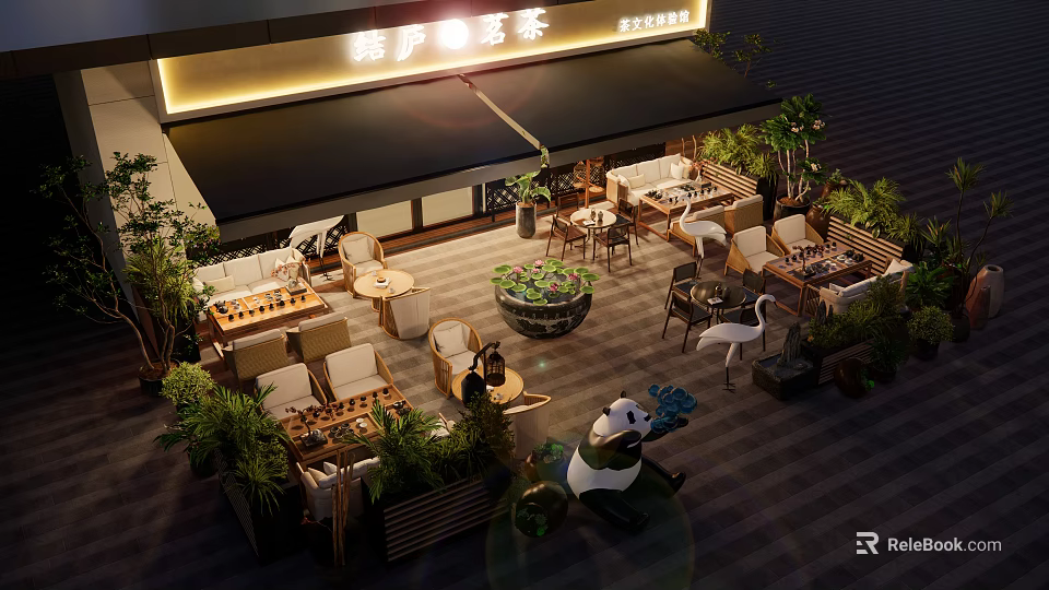 Commercial Street Outdoor Dining Space With Greenery Panda Crane Decor Cozy Seating And Ambient Lights 3d model 