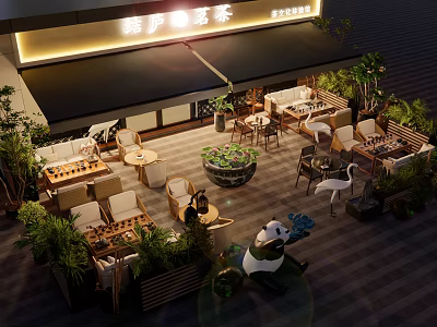 Commercial Street Outdoor Dining Space With Greenery Panda Crane Decor Cozy Seating And Ambient Lights 3d model