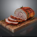 Sliced Roasted Ham on Wooden Cutting Board with Rosemary and Black Pepper