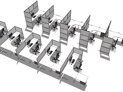 Modern Office Cubicle Layout With Multiple Workstations And Computer Setups 3d model