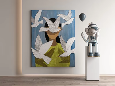 Abstract Painting With White Doves On Figure Head Blue Background White Statue Holding Black Balloon 3d model