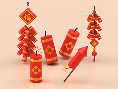Traditional Chinese New Year Decorations with Red Fu Characters Firecrackers Candles and Fireworks 3d model