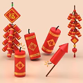 Traditional Chinese New Year Decorations with Red Fu Characters Firecrackers Candles and Fireworks