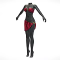 Black Mannequin Wearing Red Bra Top With Gold Circular Buckle And Asymmetrical Red Skirt