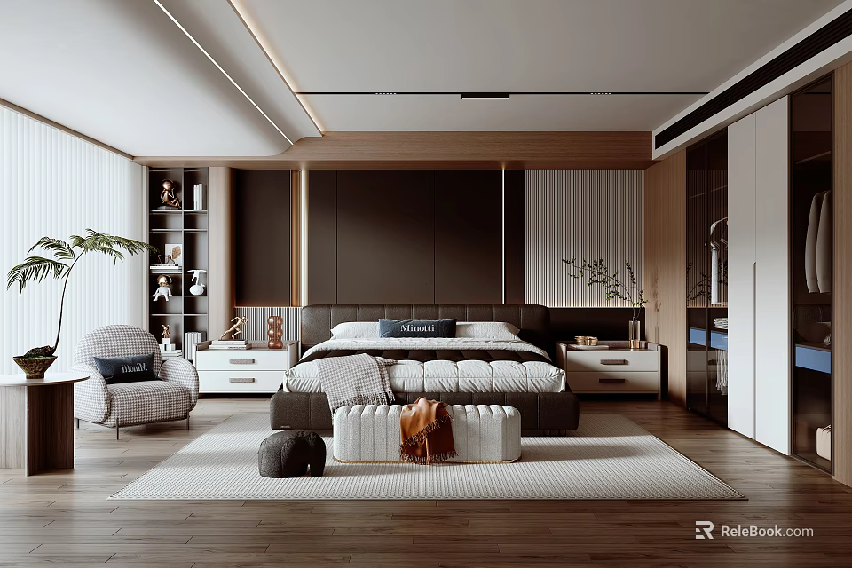 Modern Bedroom Interior Design With Wooden Headboard Nightstands Area Rug And Plants 3d model 