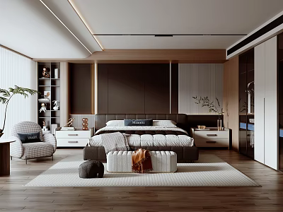 Modern Bedroom Interior Design With Wooden Headboard Nightstands Area Rug And Plants 3d model
