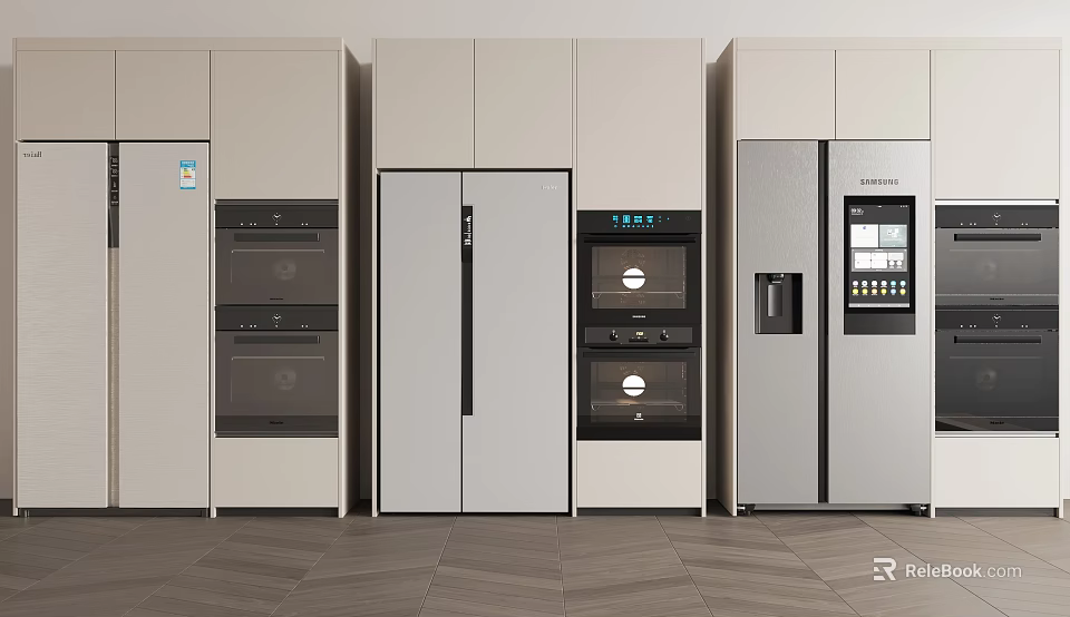 Modern Kitchen Appliances Featuring Stainless Steel Refrigerators Built In Ovens And Cabinets 3d model 