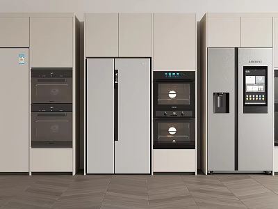 Modern Kitchen Appliances Featuring Stainless Steel Refrigerators Built In Ovens And Cabinets 3d model