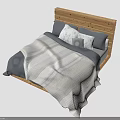 Natural Wood Headboard Bed with Gray Beige Striped Quilt and Pillows for Multiple People