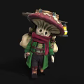 Game Character Pushing Cart With Red Spotted Mushroom Hat Green Coat And Lantern
