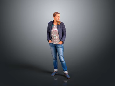 Woman in Dark Jacket and Patterned T-Shirt with Blue Jeans on Gray Background 3d model