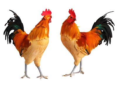 Two Roosters With Red Combs Orange Feathers And Black Tail Feathers Standing Side By Side 3d model