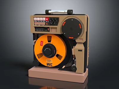 Commercial Reel To Reel Tape Player With Yellow Reel Brown Body Handle And Control Panel 3d model