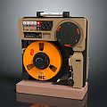 Commercial Reel To Reel Tape Player With Yellow Reel Brown Body Handle And Control Panel