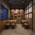 Cozy Restaurant Interior With Wooden Tables Chairs Wall Decor Shelves And Ceiling Lights