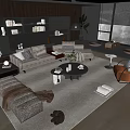 Modern Living Room Beige Sofa And Coffee Table Set With Footstool Bookshelf And Plants