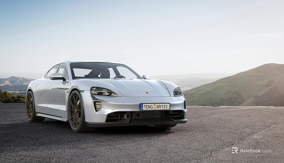 Silver Porsche Taycan On Open Road With Mountain View 3d model 