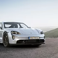 Silver Porsche Taycan On Open Road With Mountain View 3d model