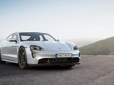 Silver Porsche Taycan On Open Road With Mountain View 3d model