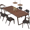 Modern Rectangular Wooden Dining Table Set With Curved Back Chairs And Pendant Lights 3d model