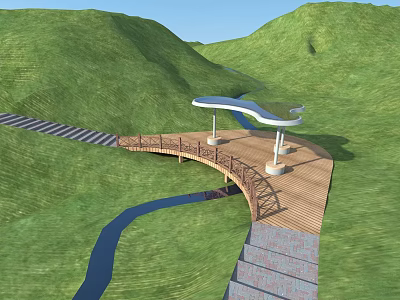 Wooden Pergola With Curved Roof And White Pillars On Green Hillside Near Stream 3d model