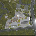 Modern Design School Buildings with Courtyard Surrounded by River Green Spaces and Roads