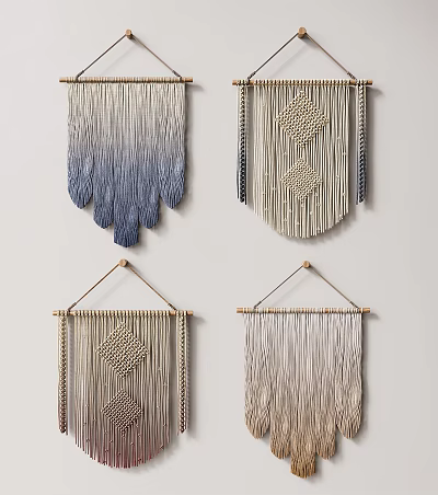 Handmade Macramé Wall Hangings With Different Patterns And Neutral Tones For Home Decor 3d model