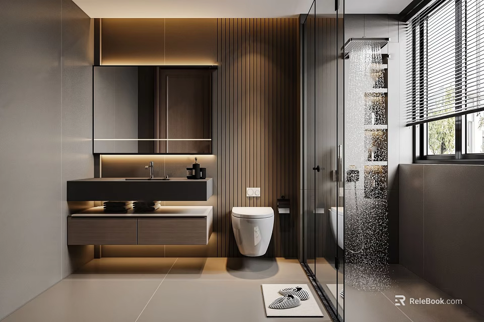 Modern Bathroom Interior With Shower Vanity Toilet Mirror And Ambient Lighting 3d model 