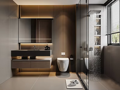 Modern Bathroom Interior With Shower Vanity Toilet Mirror And Ambient Lighting 3d model