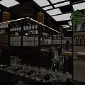 Stylish Restaurant Interior With Hanging Chandeliers Dining Tables Wine Racks And Green Plants