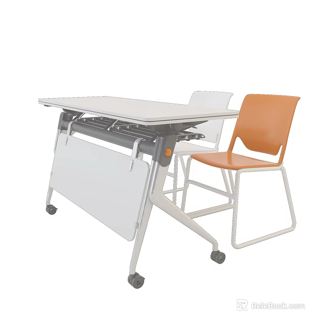 Modern Mobile Desk With Adjustable White Top Orange Chair And Metal Frame 3d model 