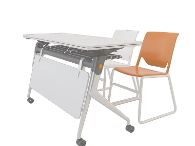 Modern Mobile Desk With Adjustable White Top Orange Chair And Metal Frame 3d model