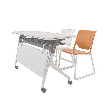 Modern Mobile Desk With Adjustable White Top Orange Chair And Metal Frame 3d model